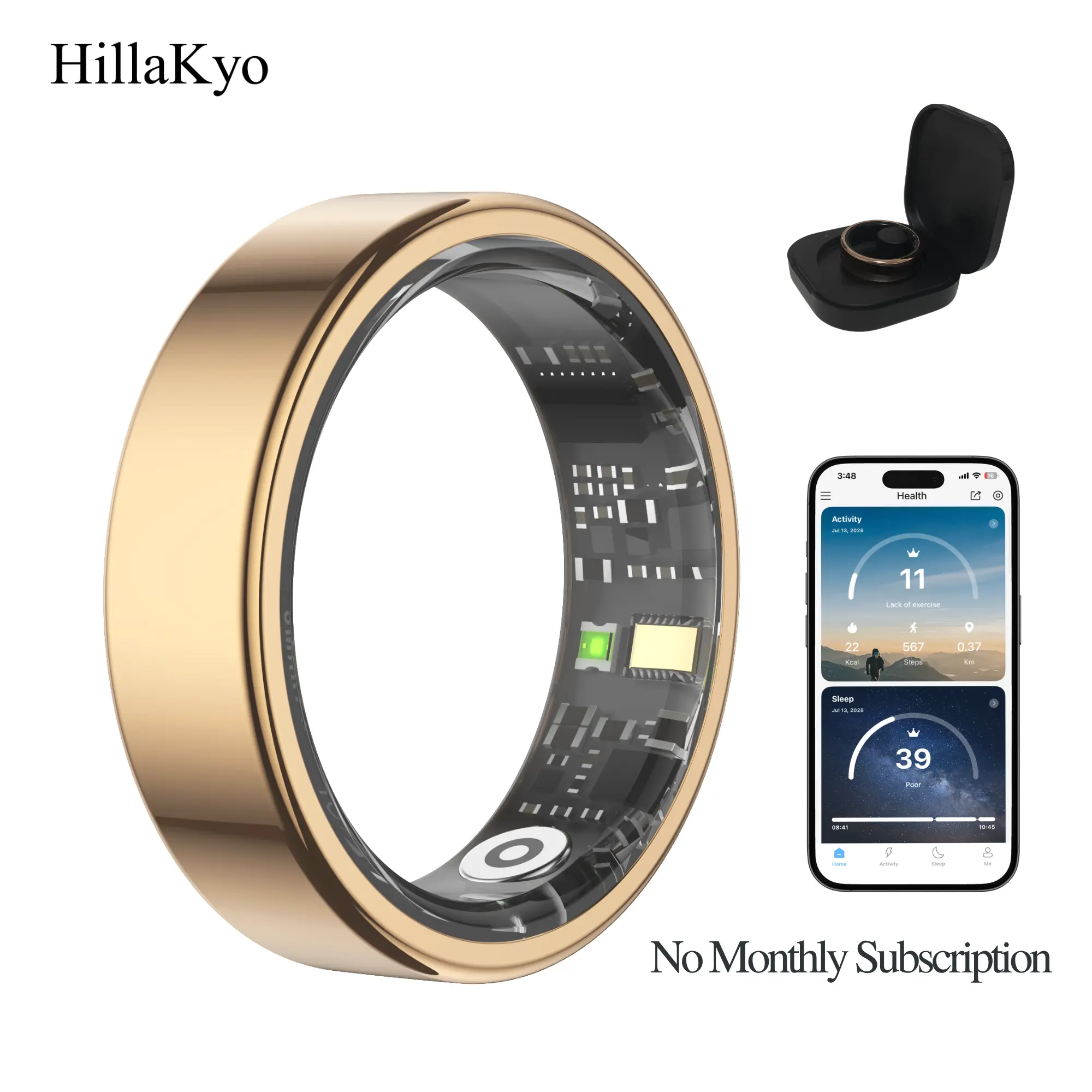 Hillakyo Latest Smart Ring R02S for Women Men Couples, Fitness & 24/7 Sleep Tracker, Body Temperature/HRV/Heart Rate/Stress Monitor, Cycle Tracking, IP68 Waterproof, iOS & Android, Charging Case, No Subscription app , back to school Wearable gift