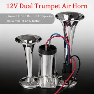 12V Super Loud Dual Trumpet Air Horn - Chrome Finish, Built-in Compressor, Easy Install Wiring Kit | Universal for Cars, Trucks, Vans & More