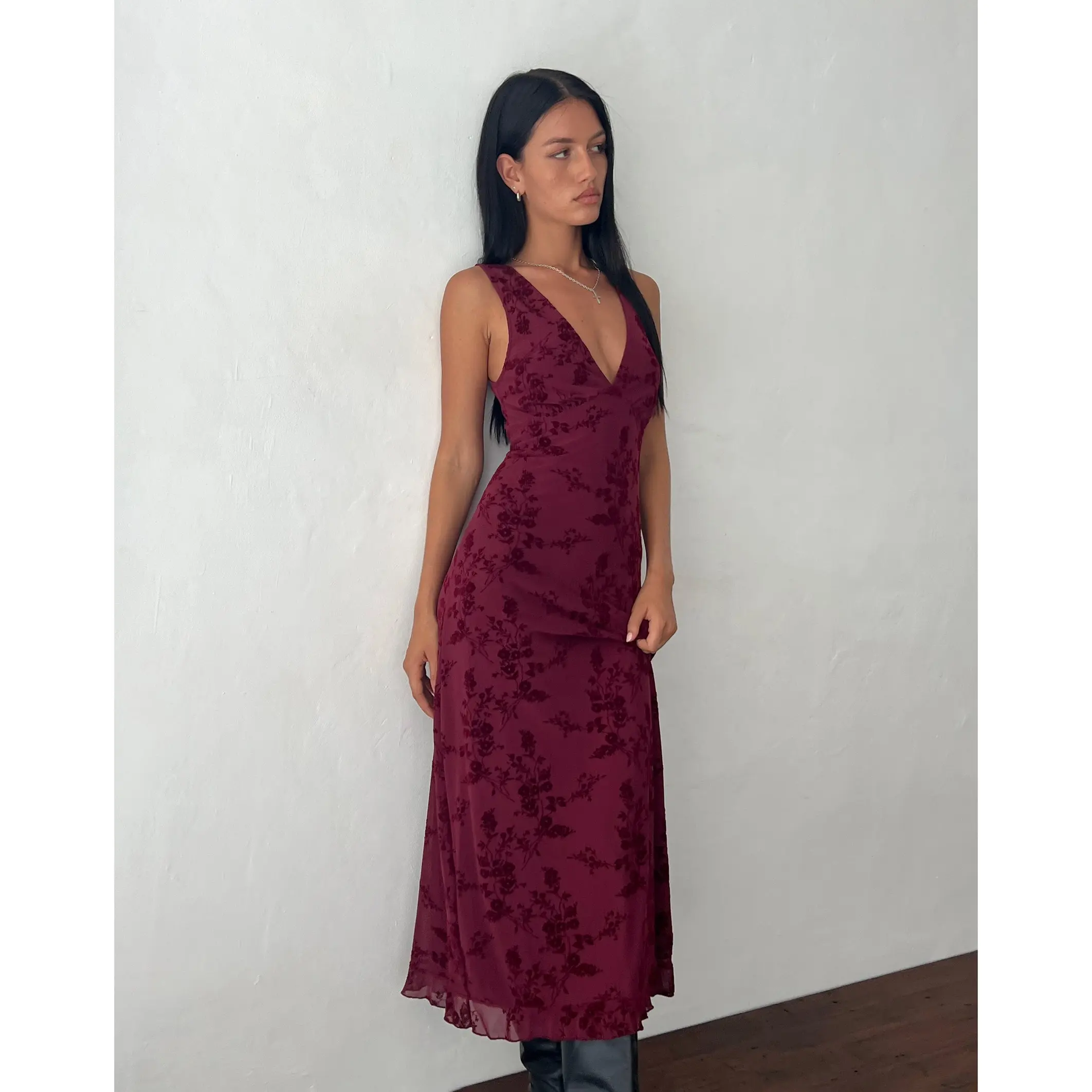 Motelrocks Women's Gabriela Slim Fit Midi Dress in Maroon Botanical Print Mesh, Sleeveless with a Plunge V-Neck, Lettuce Hem, Lined Mesh
