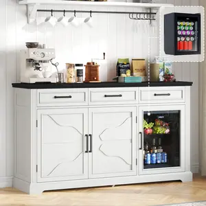 [Ships in 2 Boxes] AMERLIFE 60" Farmhouse Coffee Bar Cabinet with Beverage Fridge (Included), Wine Bar Cabinet with Drawer Storage, Mini Fridge Cabinet, Sideboard Cabinet for Dining Room, Living Room