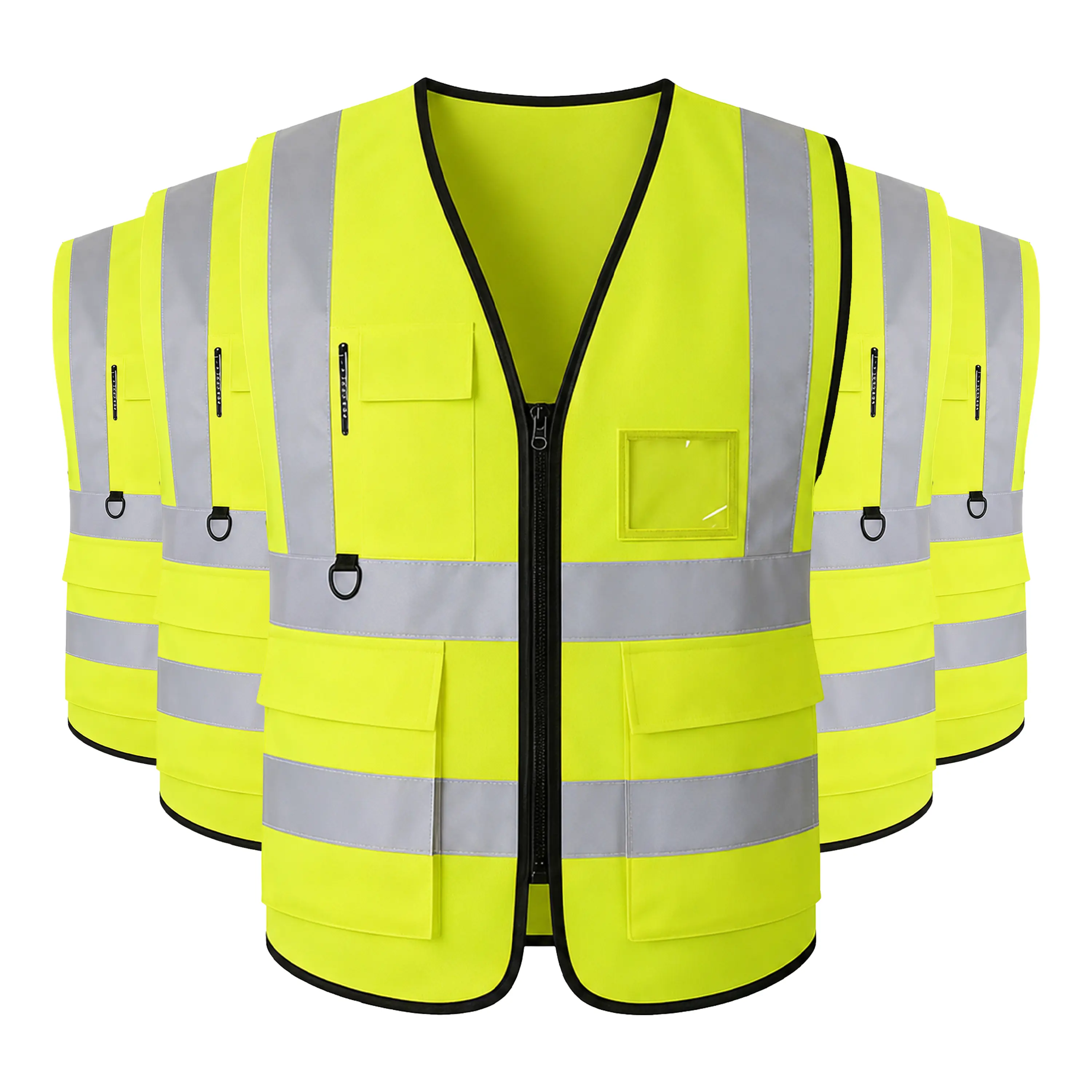 High Visibility Reflective Safety Vest for Men Women, Unisex Hi Vis Work Vest with 5 Pockets & Clear ID Holder, Zipper Front Lightweight Polyester Neon Safety Vest for Construction Warehouse Security Volunteer, Size M-5XL