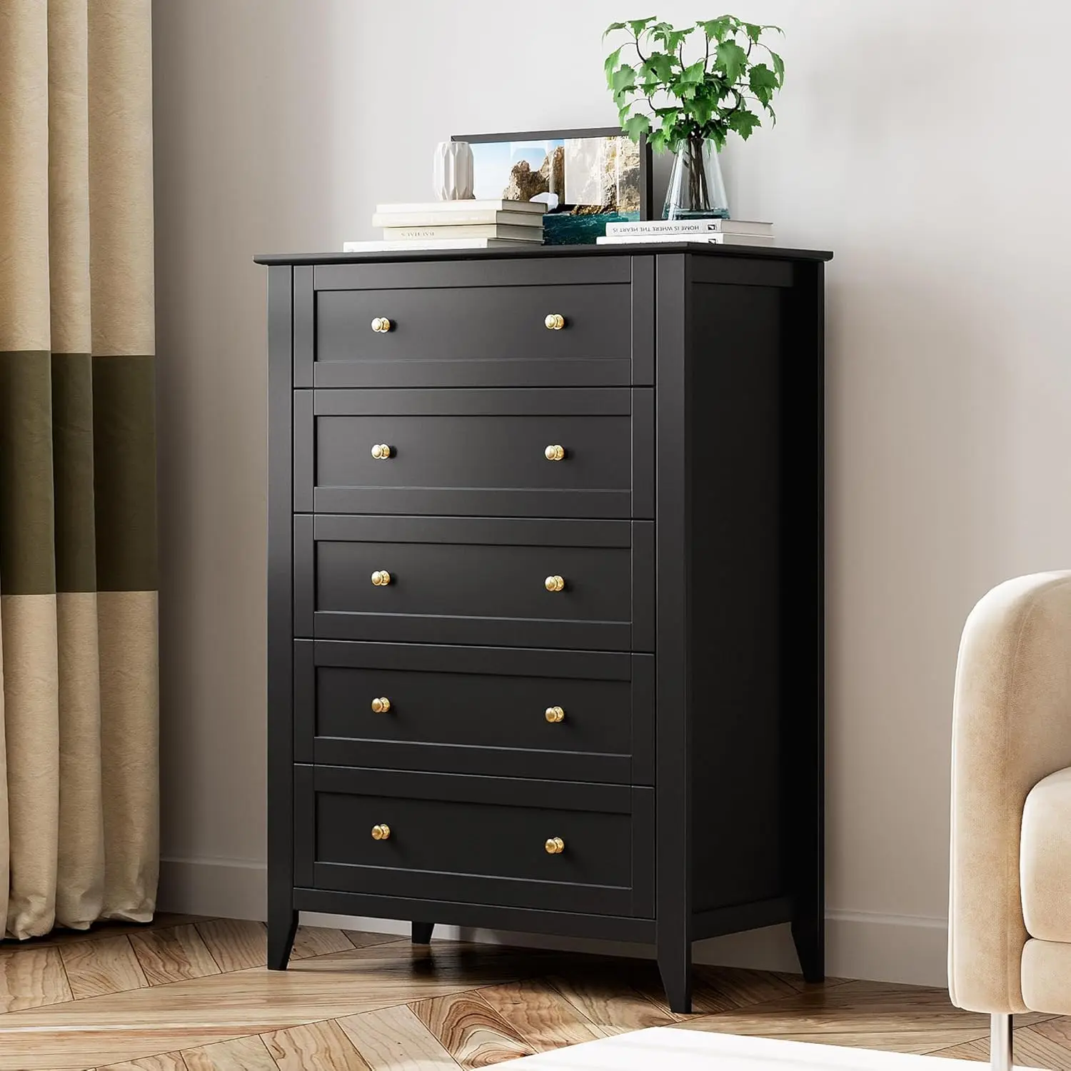 5-Drawer Tall Dresser - Modern Wooden Bedroom Chest with Deep Drawers, Metal Knobs, Contemporary Space-Organizing Cabinet for Kids Organization, Entryway