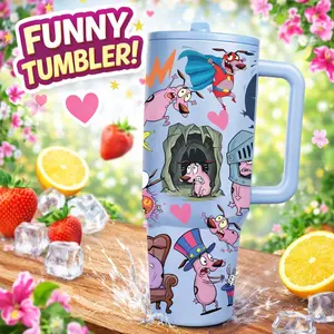 1pc 40oz Courage the Cowardly Dog Cute Cartoon Puppy Tumbler, Stainless Steel Insulated Mug with Handle, Funny Dog Print Travel Cup with Lid, Vacuum Coffee Tumbler Flasks for Water, Tea and Cold Drinks, Large Capacity Drinkware Gift for Women and Men
