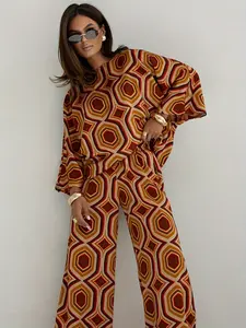 Autumn Warm Tone Unique Pattern Set, Long Sleeve Outfit, Fashionable Autumn, Stand Out in Style, Elegant Fall Look, Perfect for Seasonal Wear