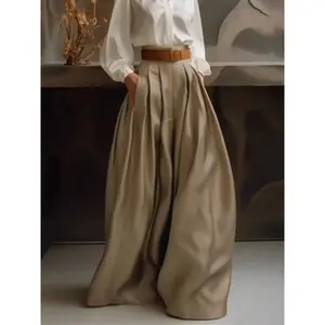 High Waist Loose Pleated Wide Leg Woven Pants, Solid Color Lazy Elegant Style Women's Long Trousers, Casual Fashion for All Seasons
