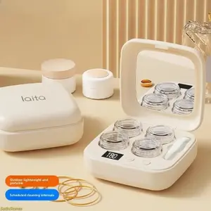 1-piece ultrasonic contact lens cleaner, rechargeable, with a makeup mirror - portable and compact storage case, compatible with both hard and soft contact lenses, 3 deep cleaning modes, easy to carry, suitable for travel, sports, office and home use.