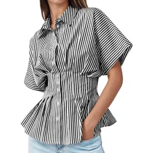 Tankaneo Womens Striped Peplum Button Down Shirts Short Sleeve Pleated Tops Summer Business Casual Blouses