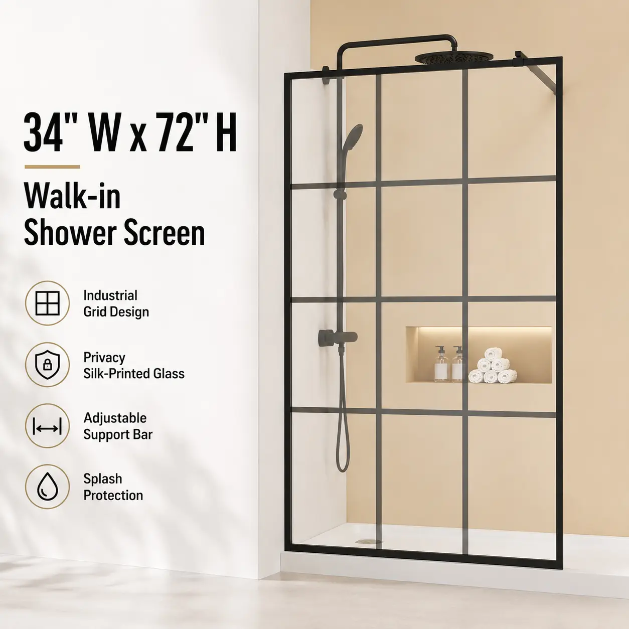 Matte Black Aluminum Framed Walk-in Shower Screen, 34" W x 72" H 6mm Silk-Printed Tempered Glass Splash Guard with Adjustable Support Bar & Privacy Feature, Frame