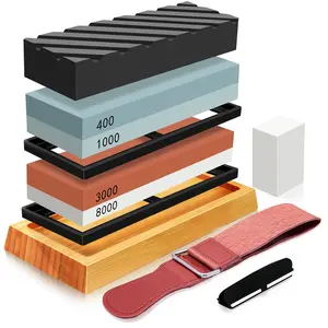 Complete Knife Sharpening Stone Set – Dual Grit Whetstone 400/1000 3000/8000 Knife Sharpener with Leather Strop, Flattening Stone, Bamboo Base, 3 Non-slip Rubber Bases & Angle Guide
