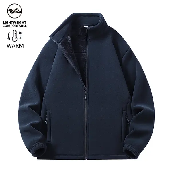 Menswear Deep Blue Fleece Lined Warm Jacket - Full Zip-Up Stand Collar Plain Coat, Soft Interior, Zipper Pockets, Casual Comfy Top, Ideal for Cold Weather Everyday Wear, Blue Zip-Up Men's Fleece Jackets