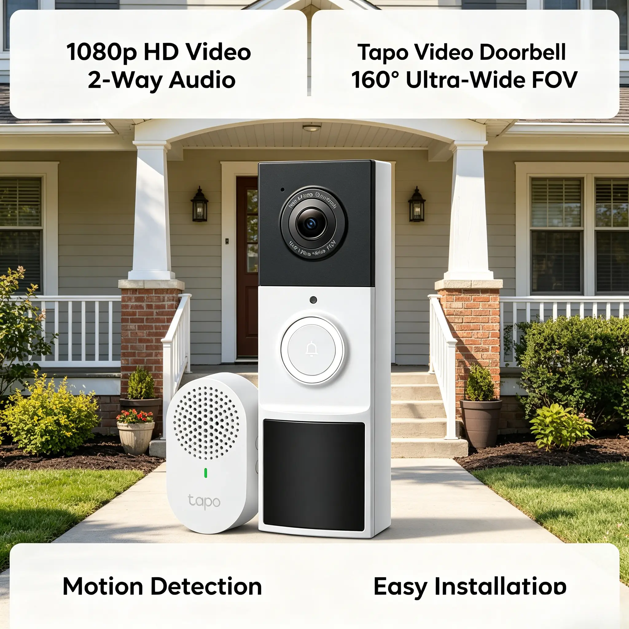 Tapo 2K Wireless Smart Video Doorbell 160° Ultra Wide View Person Detection 2 Way Audio Ring Call Motion Only Alert Local Cloud Storage for Patio Lawn Garden D210