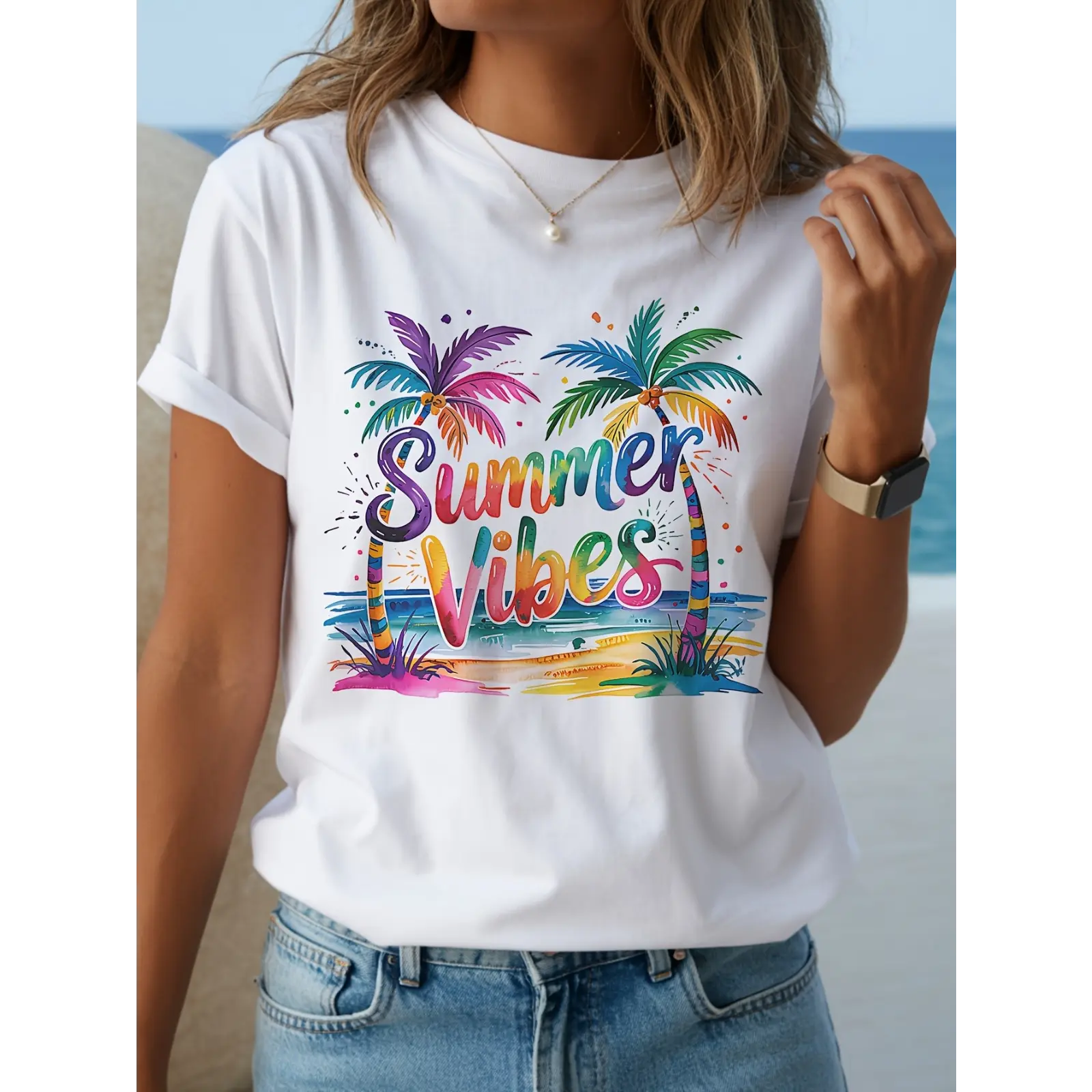 Women's Y2K Tropical Palm Tree & Summer Vibes T-Shirt – Crew Neck, Short Sleeve Beach Top featuring Light Pink, Purple, Blue, Yellow, Orange, and Teal Prints – Casual Spring/Summer Wear, Vacation Essential, and Ideal Gift for Women