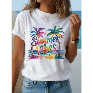 Women's Y2K Tropical Palm Tree & Summer Vibes T-Shirt – Crew Neck, Short Sleeve Beach Top featuring Light Pink, Purple, Blue, Yellow, Orange, and Teal Prints – Casual Spring/Summer Wear, Vacation Essential, and Ideal Gift for Women