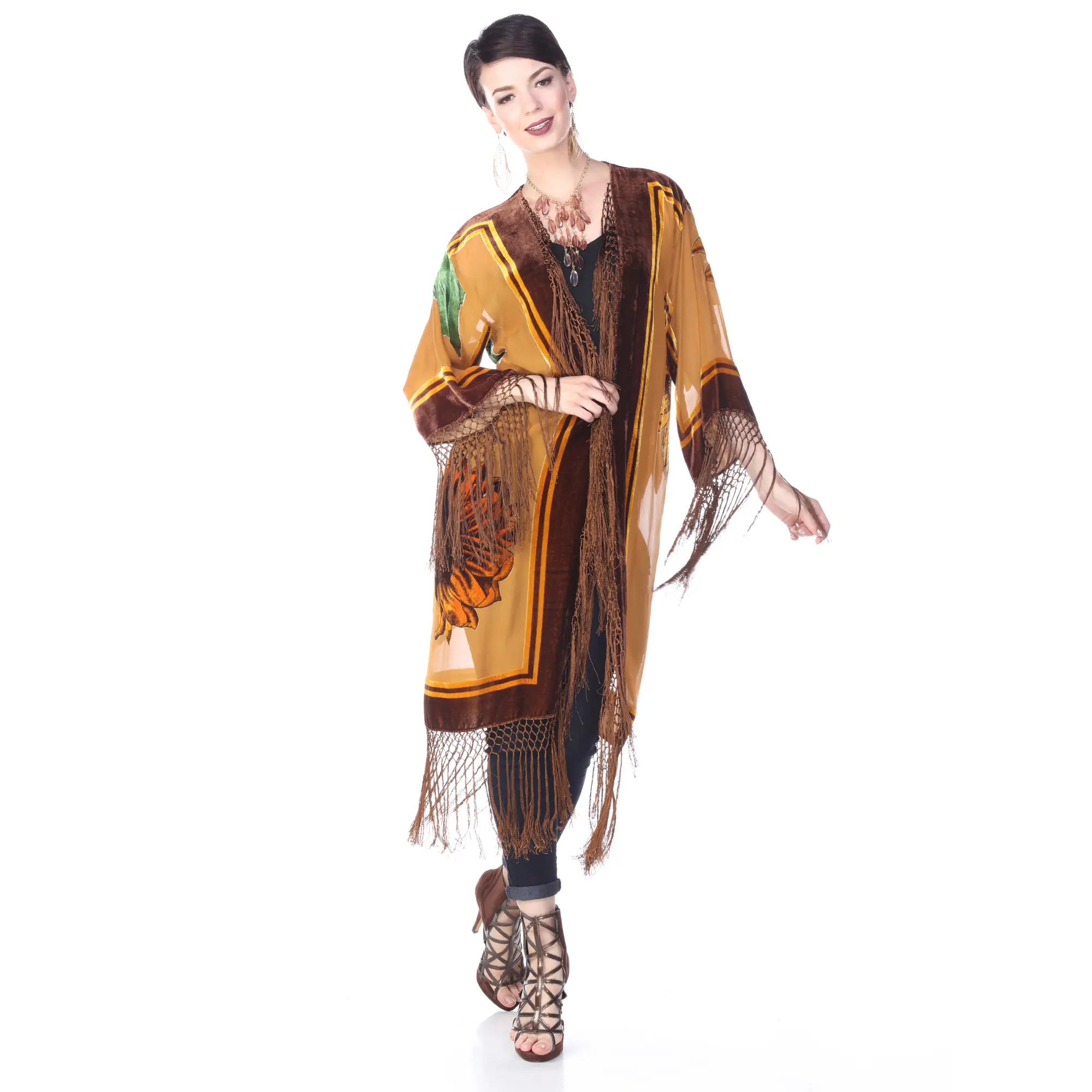 Aris A 100% Silk Velvet Burnout Sunflower Print Kimono/Duster