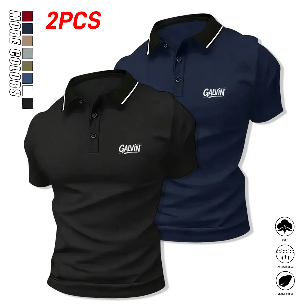 2PCS Men’s Short Sleeve Polo Shirts, Stylish Letter Print – Casual Business Short Sleeve, Suitable for Tennis and Golf, Elegant Multifunctional Summer Fashion for Men