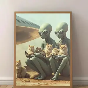 Funny Alien Cat  Art Poster, Surreal Sci-Fi Canvas Print, Dopamine Aesthetic  for Bedroom, Living Room & Apartment backyard Newspaper bedroom   wall Custom Blonde land decor quote hall bathroom modern religious