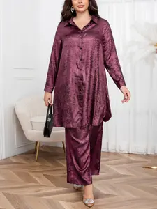 Autumn Winter New Plus Size Women's High-End Elegant Two-Piece Set, Casual Long Sleeve Shirt & Wide-Leg Pants Suit for Various Occasions