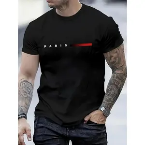 Men's Paris Print Shortsleeve Tshirt - Casual Round Neck Knitted Soft Polyester Regular Fit Summer Sports & Outdoor Top, Adult Size