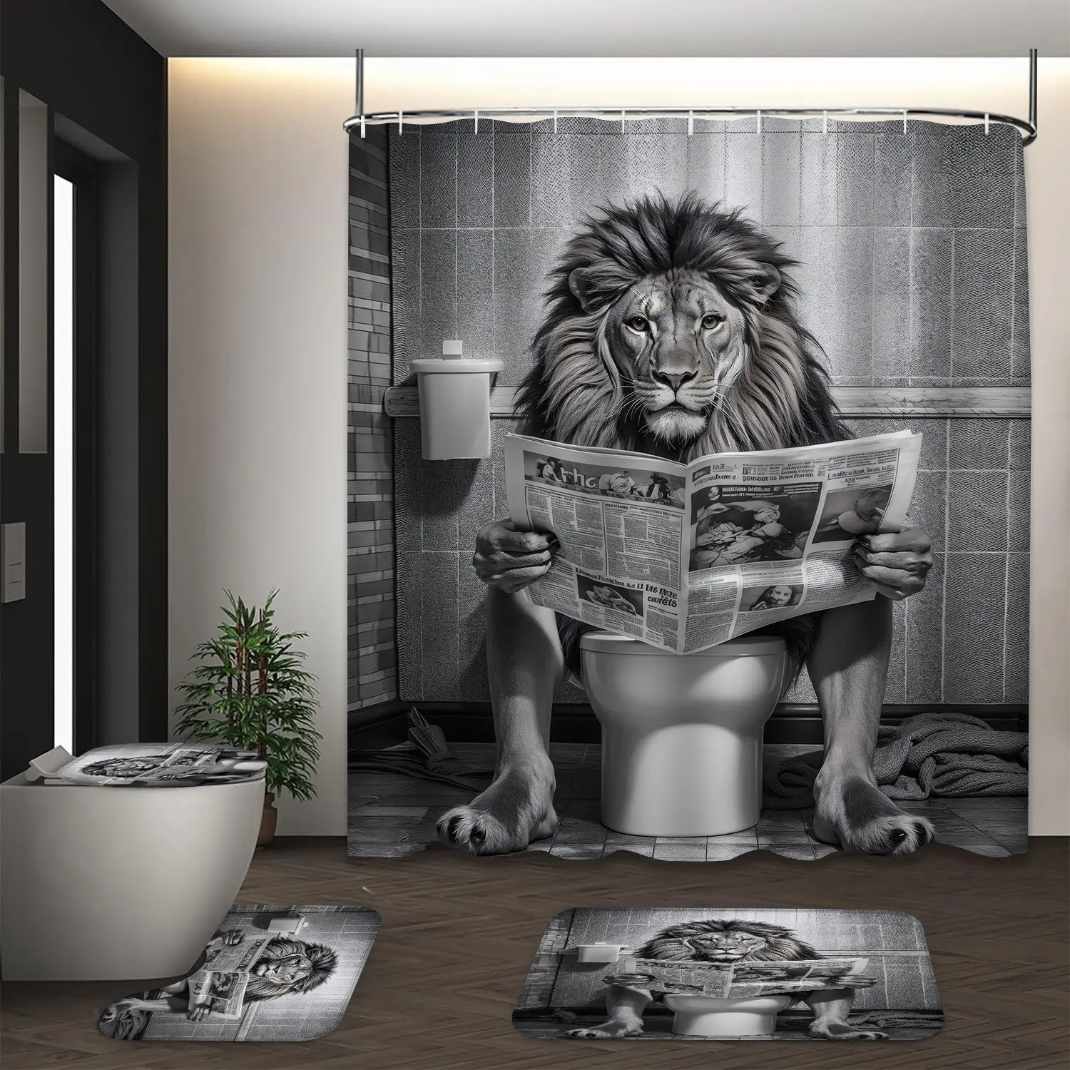LVRLVR 4pcs Lion Reading Newspaper Humorous Bathroom Set with Shower Curtain, Bath Rugs and Hooks - 70.8"×70.8" (180×180cm) Bathroom Decoration Accessories Shower Curtain Sets