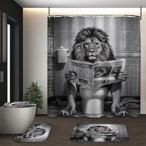 LVRLVR 4pcs Lion Reading Newspaper Humorous Bathroom Set with Shower Curtain, Bath Rugs and Hooks - 70.8"×70.8" (180×180cm) Bathroom Decoration Accessories Shower Curtain Sets