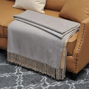 Reversible Fringed Mulberry Silk Throw Blanket for Sofa (Light Grey/Beige)
