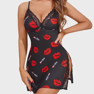 New Nightgown Fashion Sexy Red Lips Print Lingerie Women's Side Split Chemise Slip Dress with Lace Slit Hot Seductive