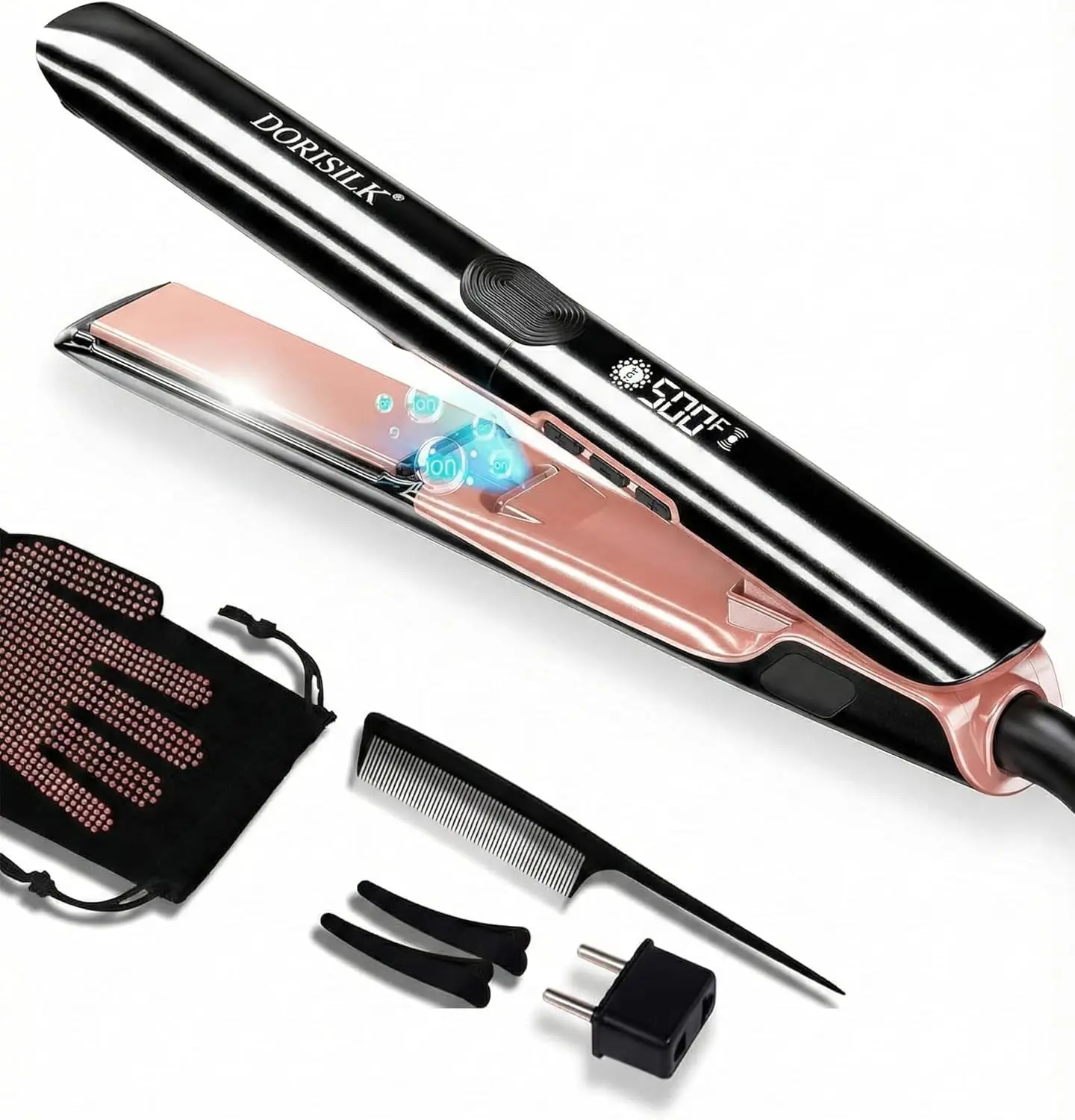 DORISILK 500 Degree High Temp Professional Hair Straightener，30s Fast Heating Ceramic Flat Iron ，2 in 1 Hair Straightener and Curler，Plasma Flat Iron Get Frizz-Free ，Dual Voltage for Travel Using