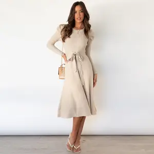 ZAFUL Women's French Elegant Casual Dress with Round Neck Puff Sleeves & Adjustable Waist Tie Design for Everyday Wear