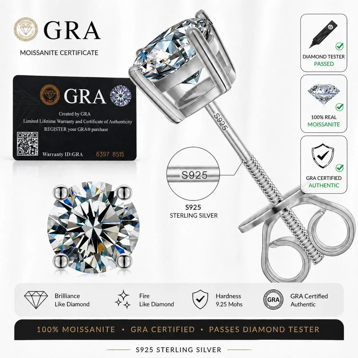 Moissanite 2ct (1ct*2) 6.5mm Each Screw Back Earrings 925 Sterling Silver VVS Moissanite D Color, OFFICIAL. Gold/Silver Color