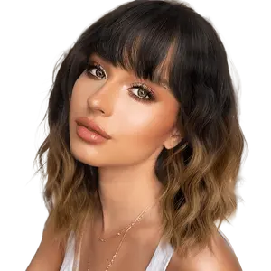 ZIHAN Female 16-in Wavy Bob Machine Made Wig, Short Black-to-Brown Ombre Synthetic Material Wig with Bangs, Soft Heat-Resistant, Natural-Looking Realistic Illusion Hairline for Daily, Party Use, Machine Made Wigs summerwins