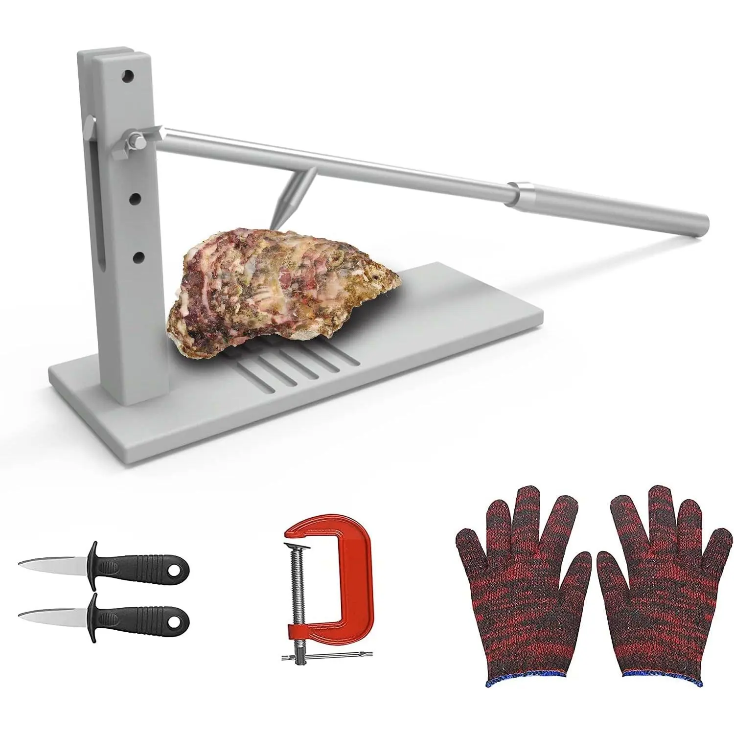 Heavy Duty Oyster Shucker Tool Kit - Stainless Steel Clam Opener Machine with 5 Height Settings, 2 Shucking , Glove & G-Clamp for Safe and Easy Shellfish Opening at Home or Buffet
