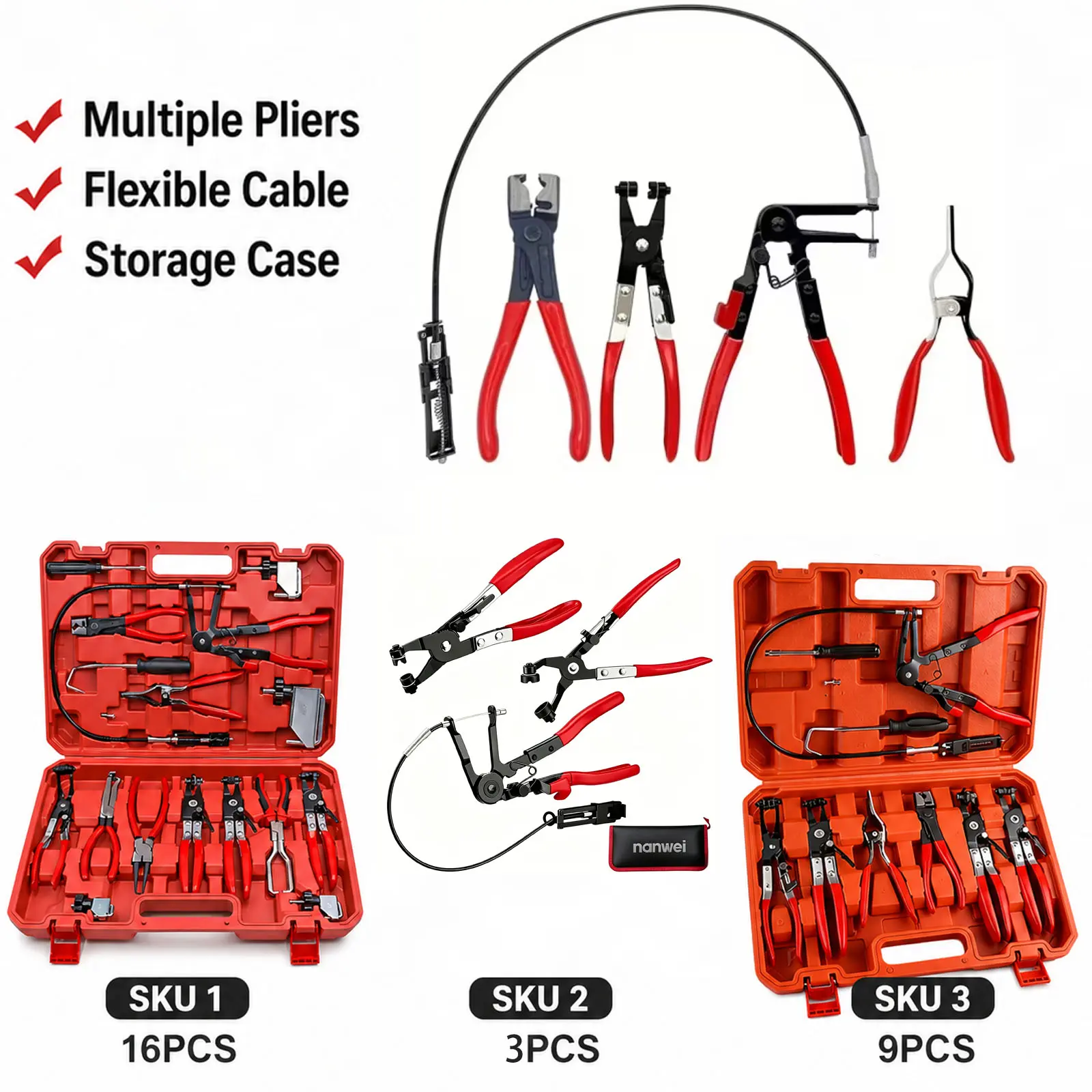 3/4/8/9pcs Hose Clamp Pliers Auto Tools 16pcsHose Auto Tools shop essentials clamp pliers panel clip removal plier Long Reach Wire Spring Hose Clamp Pliers Remover for Automotive Coolant Radiator Heater and Water Hose with Band Flat or Large Clamps
