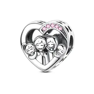 MULA 925 Silver-plated Family Heart Pendant with Pink CZs – Symbol of Love, Bond and Unity – Fits Pandora Bracelets and Necklaces – Perfect Gift for Mom, Wife and Daughter