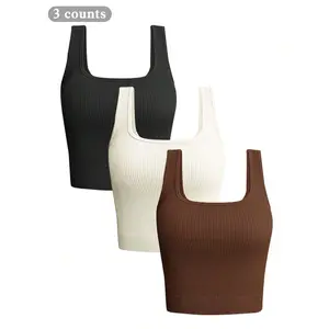 3 Piece Women's Tank Tops Ribbed Seamless Workout Exercise Shirts Yoga Crop Tops Sleeveless Square Neck Workout Top Summer Exercise Yoga Gym Shirts