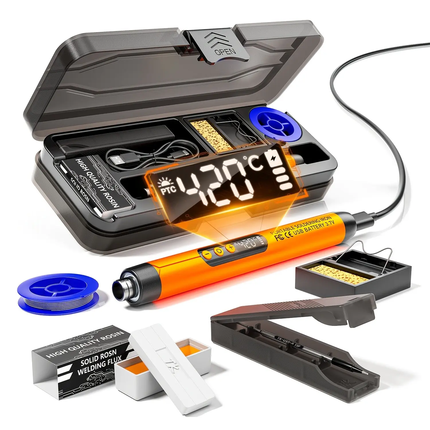 LCD Portable USB Adjustable-Temperature Soldering Iron Gun, Corded Solder Iron, Home DIY Soldering Kit with Storage Box, Electronic Soldering Tool
