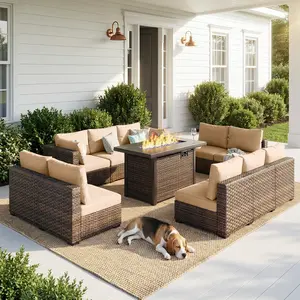 【4 packages shipping】Grezone 11 Pieces Patio Furniture Set with 44” Fire Pit Table Wicker Rattan Patio Sectional Sofa Set Outdoor Seating Furniture with Thickened Cushion, Patio Conversation Set, Outdoor Patio Furniture summergarden
