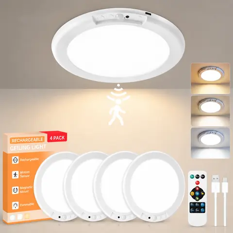 GIVRYES Rechargeable Motion Sensor Ceiling Lamp - Dimmable, Remote-Controlled Smart Light with 3 Color Modes, Plastic, Magnetic Mount, Hands-Free, 10-20ft Range, 120° Detection Angle for Closet, Hallway