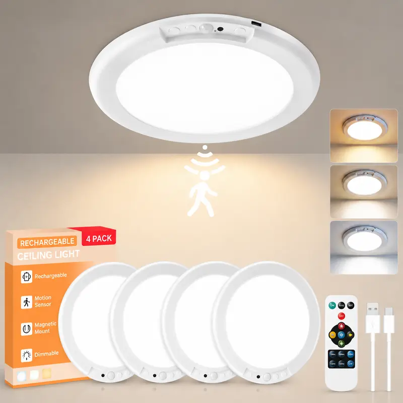 GIVRYES Rechargeable Motion Sensor Ceiling Lamp - Dimmable, Remote-Controlled Smart Light with 3 Color Modes, Plastic, Magnetic Mount, Hands-Free, 10-20ft Range, 120° Detection Angle for Closet, Hallway