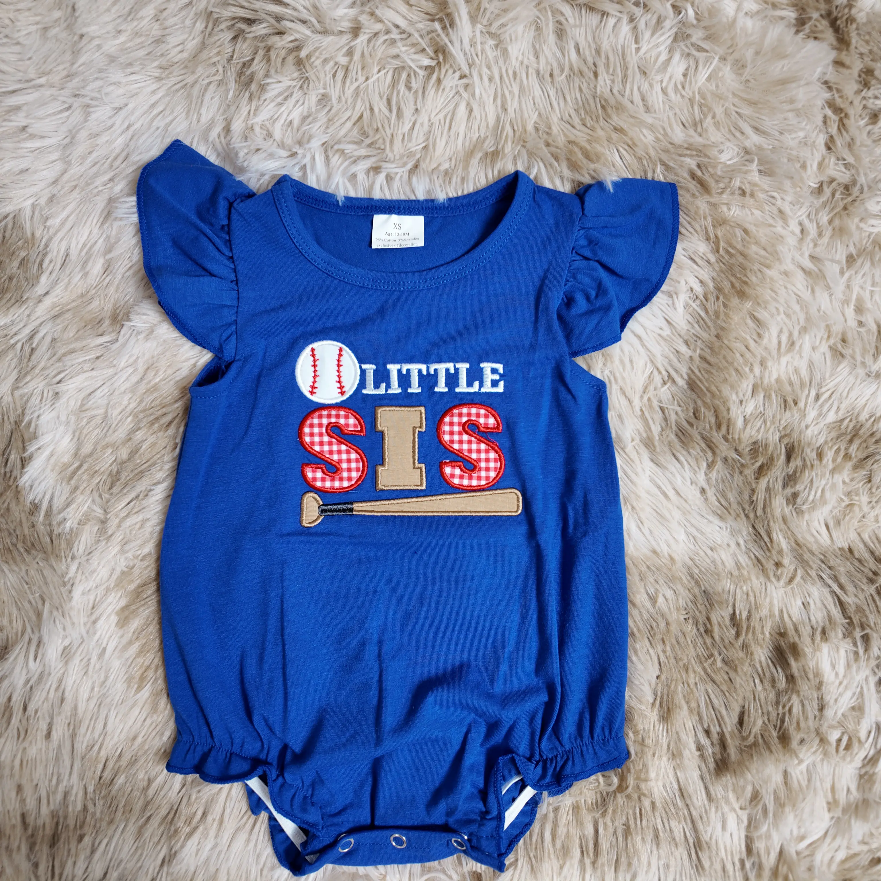 Baby Girls' Cotton Boutique Bubble Romper - 0-2Y Casual Bodysuit with Flutter Sleeves, Crew Neck, "Little Sis" Baseball Embroidery, Soft Fun Themed Bodysuits