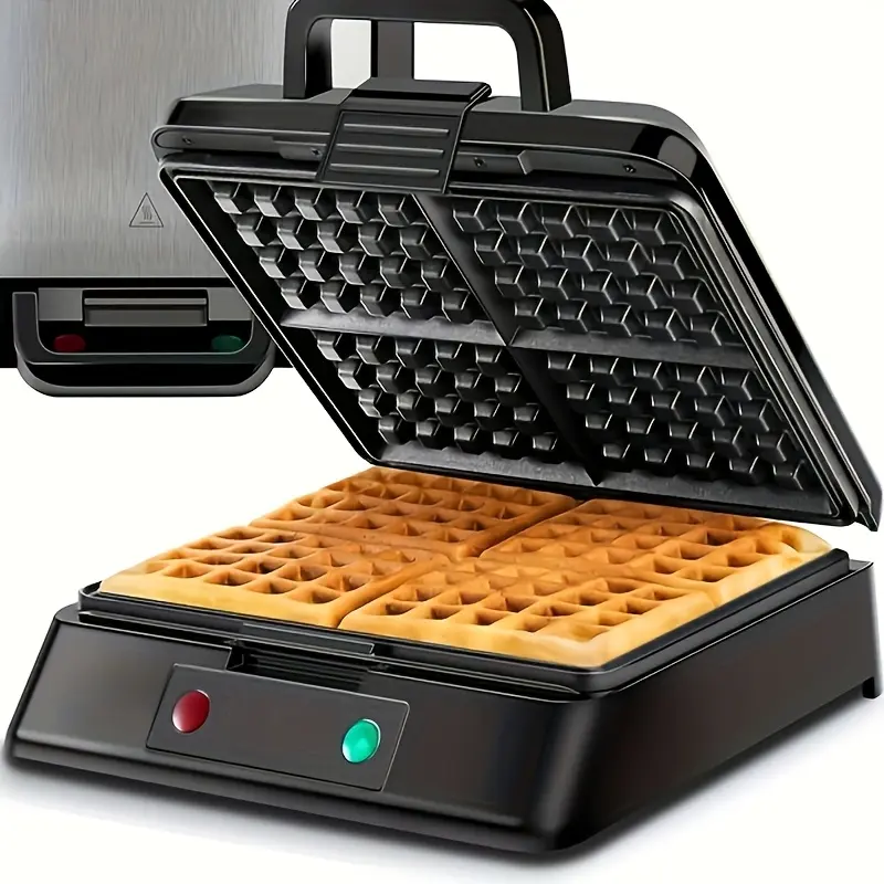 1300W Heavy-Duty Stainless Steel Electric Belgian Waffle Maker - 2-4 Square Shape, Double Heating, Easy Clean Non-Stick Pan, Universal Plug, Space-Saving Storage, 10.4" x 8.4" x 5.9", Deep Pockets, Home Appliances for Family Breakfast