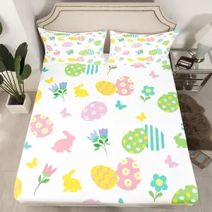 Three-Piece Bedding Set, Cartoon Easter Egg Sheet, Cute Bunny Flower Bedding for Kids Boys Girls Teens, Includes One Fitted Sheet Two Pillowcases, Flower printed bedding
