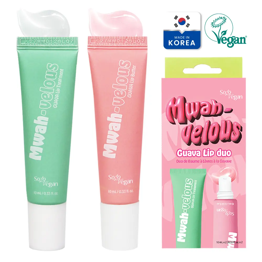 SoloVegan Spring Glow Guava Lip Plumping Balm Multi-Pack - 2x10ml Duo Tubes Set with Shea Butter, Hyaluronic Acid, Moisturizer for Hydrated, Nourishing, Youthful, Smooth Lips, Suitable for All Skin Types, Lip Balm