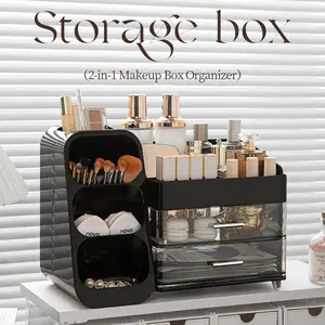 Makeup Organizer for Vanity with Brush Holder Large Bathroom Countertop Skincare Organizer with 2 Drawers Spacious Cosmetic Display Case for Perfumes Palettes Nail Polishes Crystal Clear multi-layer Design Non-Slip Durable Space-Saving Upgrade storage