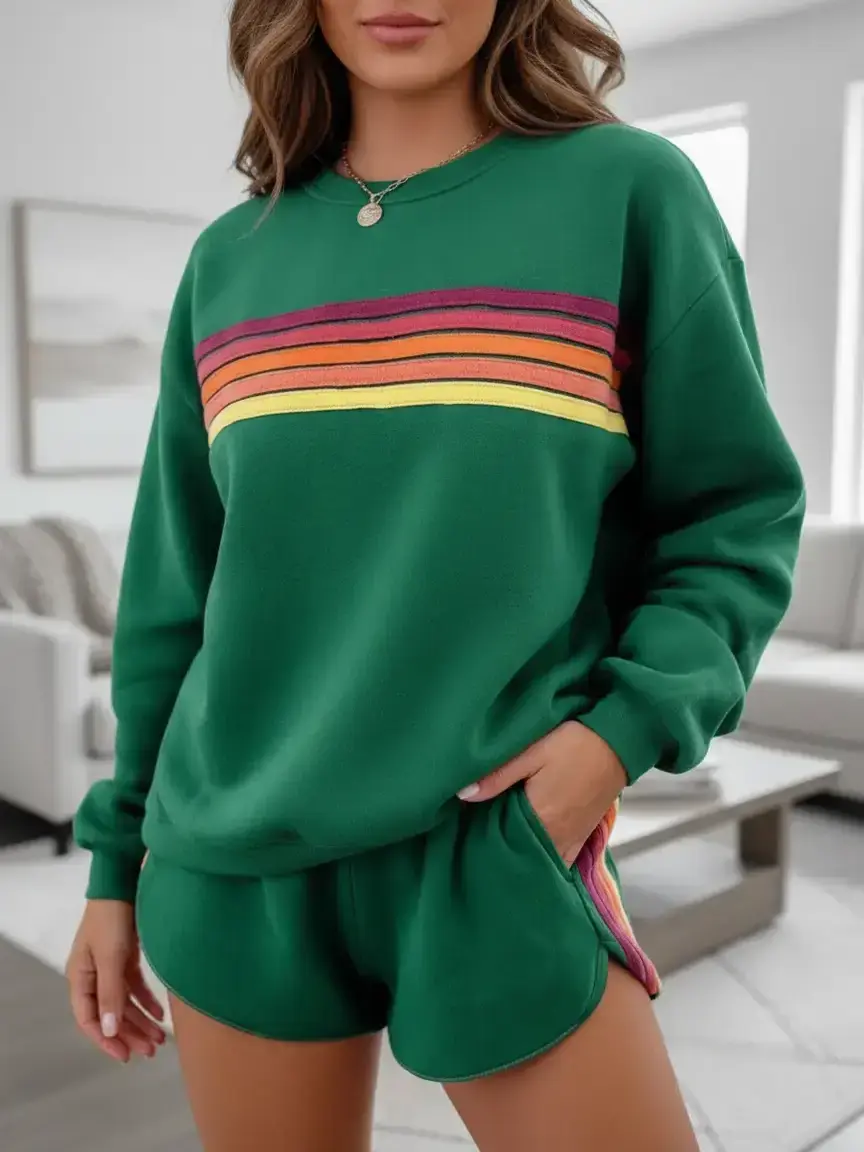 Tongudon Women's 2‑Piece Lounge Set, Long‑Sleeve Baggy Retro Colorblock Rainbow Stripe Pullover & Above‑The‑Knee Shorts, Crew Neck, Drop Shoulders, Flattering Athleisure Wear, Sporty‑Chic Style, Casual