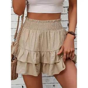 Women's Frill Trim Ruffle Hem Shirred High Waist Shorts, Boho Casual Tiered Layer Shorts for Spring & Summer, Ladies Bottoms for Daily Wear, Womenswear, Rara Skirts