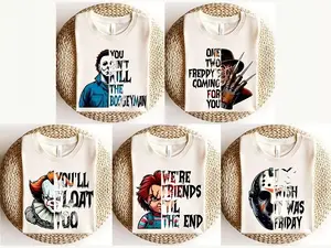 Pack 5 Horror Characters Tshirt, Horror Friends Characters Tee, Trendy Halloween Movies Shirt