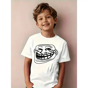 Boys' Funny Prank Smiling Eyes & Eyebrows Face Print T-Shirt - Short Sleeve Round Neck Summer Casual Top with Winking Eye Design, Kids' Casual Attire & Pranks (Machine Washable) - Stock Available for immediate Shipping