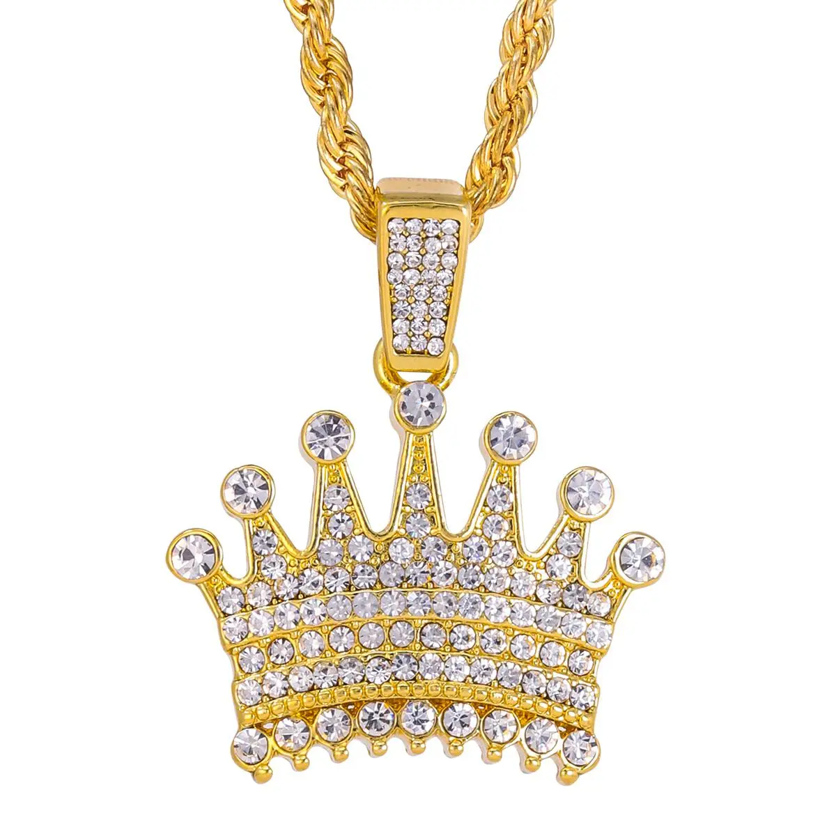 MaxBling81 Unisex Iced King Crown Charm Pendant Necklace, Gold-Silver Plated, 4mm 24in Rope Chain, Embellished High-Profile Festival Bling Chain Links Statement Costume Jewelry Gift, Embellished Chain Necklaces, High-Profile Necklaces