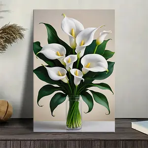 1 piece of 2D white calla lily print canvas painting, oil painting style poster, wall decoration painting, suitable for living room, dining room, garage, office, bar, courtyard, solid wood frame, size 11.81inch * 17.72inch