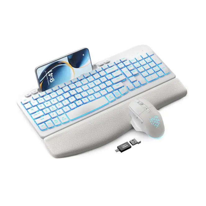 SABLUTE MA22 Pro 2.4G Ergonomic Wave QWERTY Keyboard and Mouse Set, Rechargeable RGB Lights, Leather Wrist Rest, Phone & Tablet Holder, Battery-Powered (Non-Bluetooth)